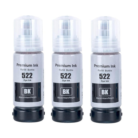 3x Epson T522 Black EcoTank Compatible Ink Refill Bottles