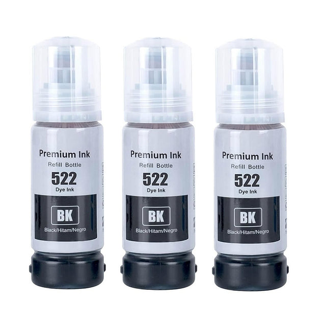3x Epson T522 Black EcoTank Compatible Ink Refill Bottles